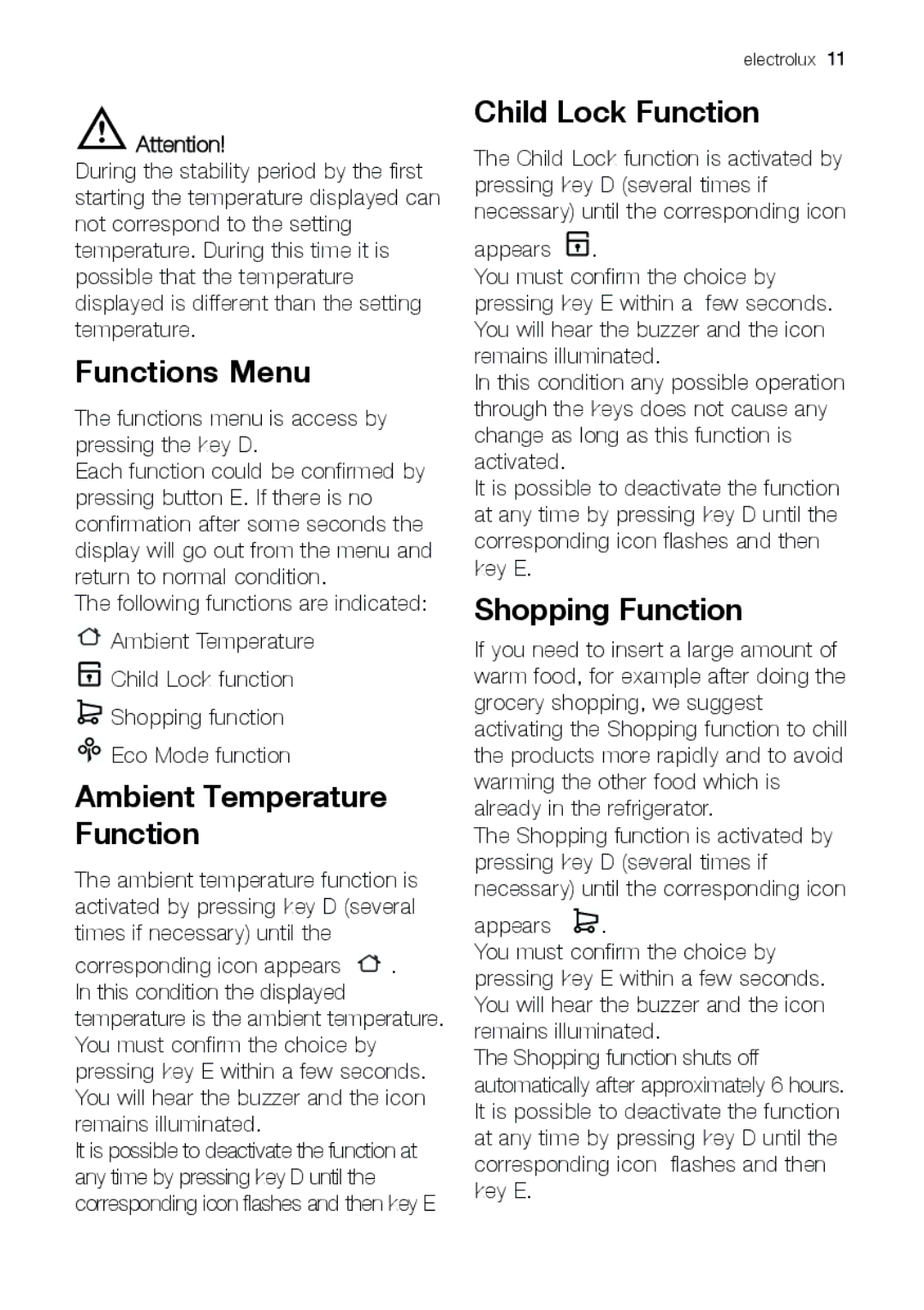 Electrolux ERC 39392 X manual Functions Menu, Child Lock Function, Shopping Function 