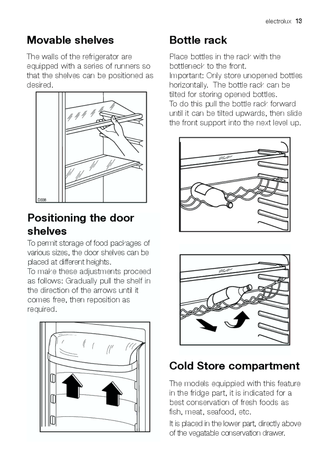 Electrolux ERC 39392 X manual Movable shelves, Positioning the door shelves, Bottle rack, Cold Store compartment 