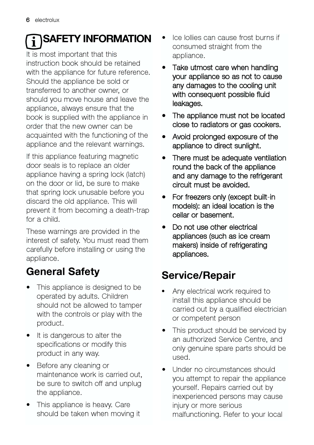 Electrolux ERC 39392 X manual General Safety, Service/Repair 