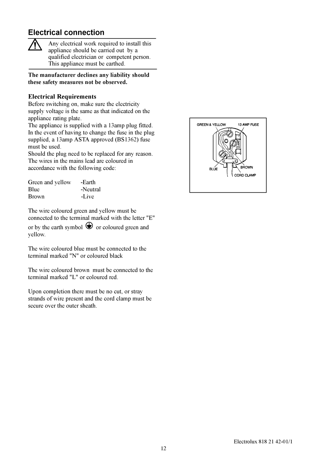 Electrolux ERC3709 manual Electrical connection, Electrical Requirements 