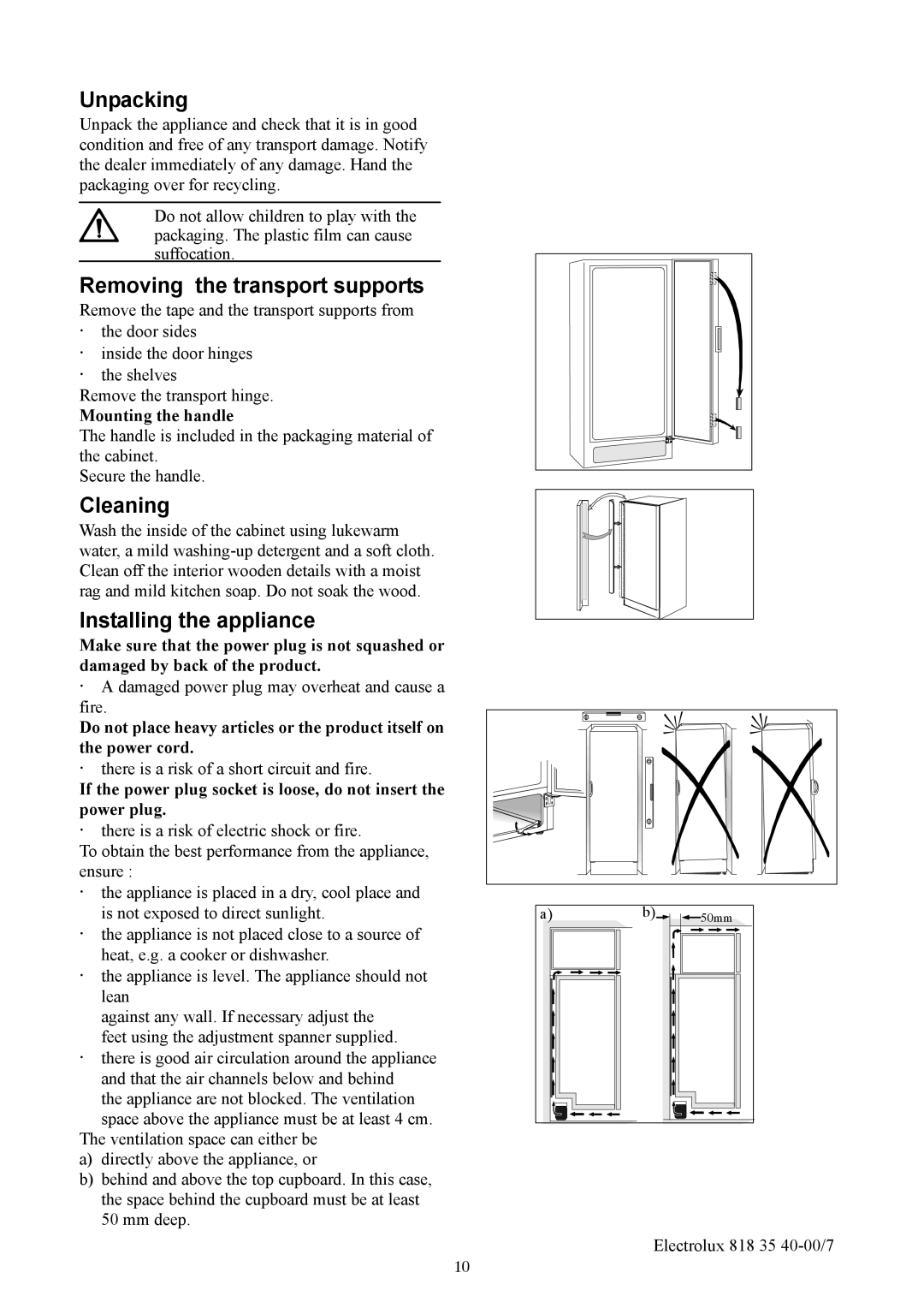 Electrolux ERC3711WS Unpacking, Removing the transport supports, Cleaning, Installing the appliance, Mounting the handle 