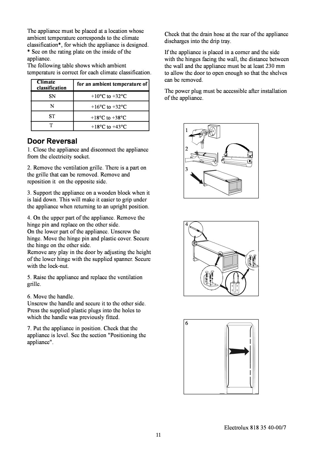 Electrolux ERC3711WS manual Door Reversal, Climate, for an ambient temperature of, classification 
