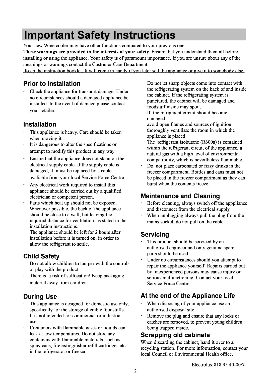 Electrolux ERC3711WS manual Important Safety Instructions, Prior to Installation, Child Safety, Maintenance and Cleaning 