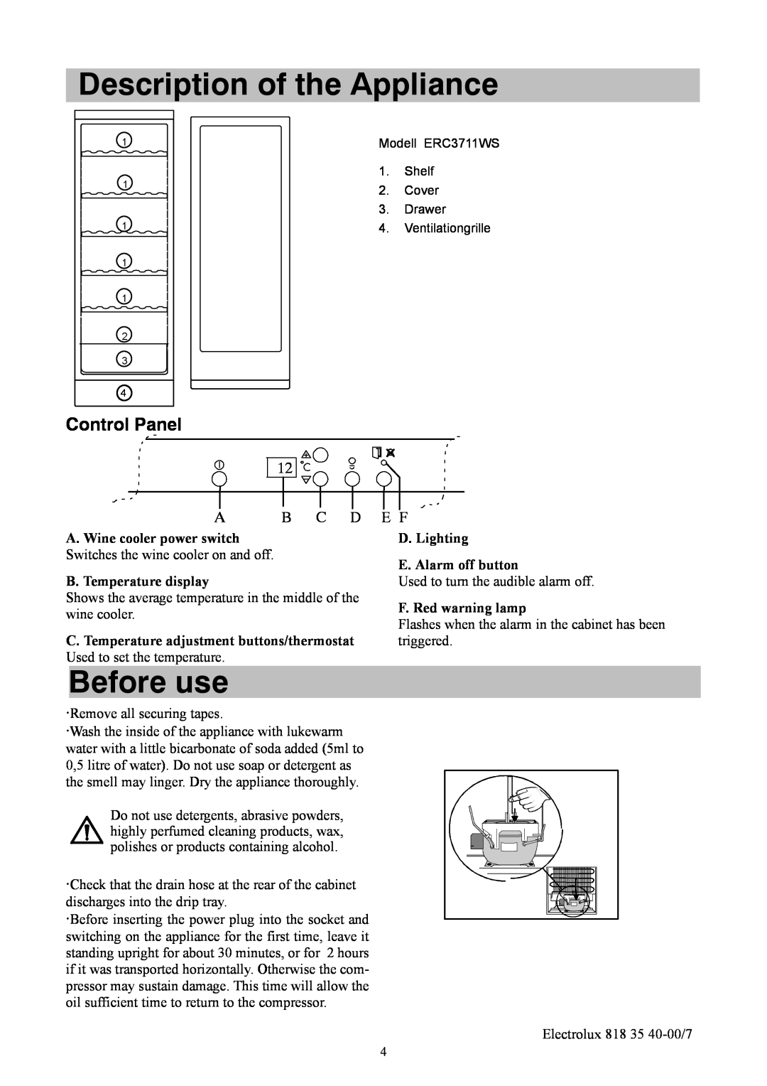 Electrolux ERC3711WS Description of the Appliance, Before use, Control Panel, A. Wine cooler power switch, A B C D E F 