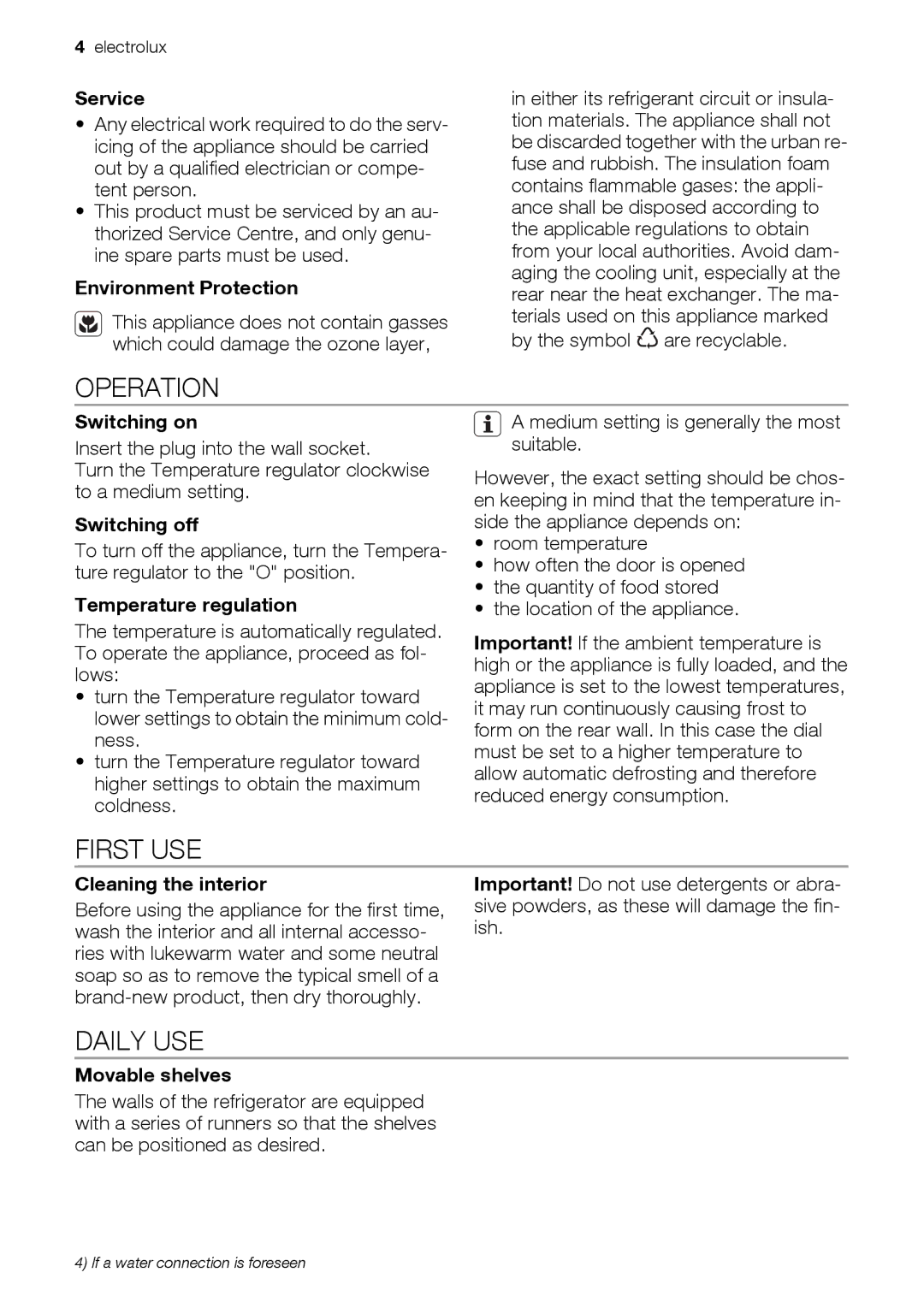 Electrolux ERC39350W user manual Operation, First USE, Daily USE 