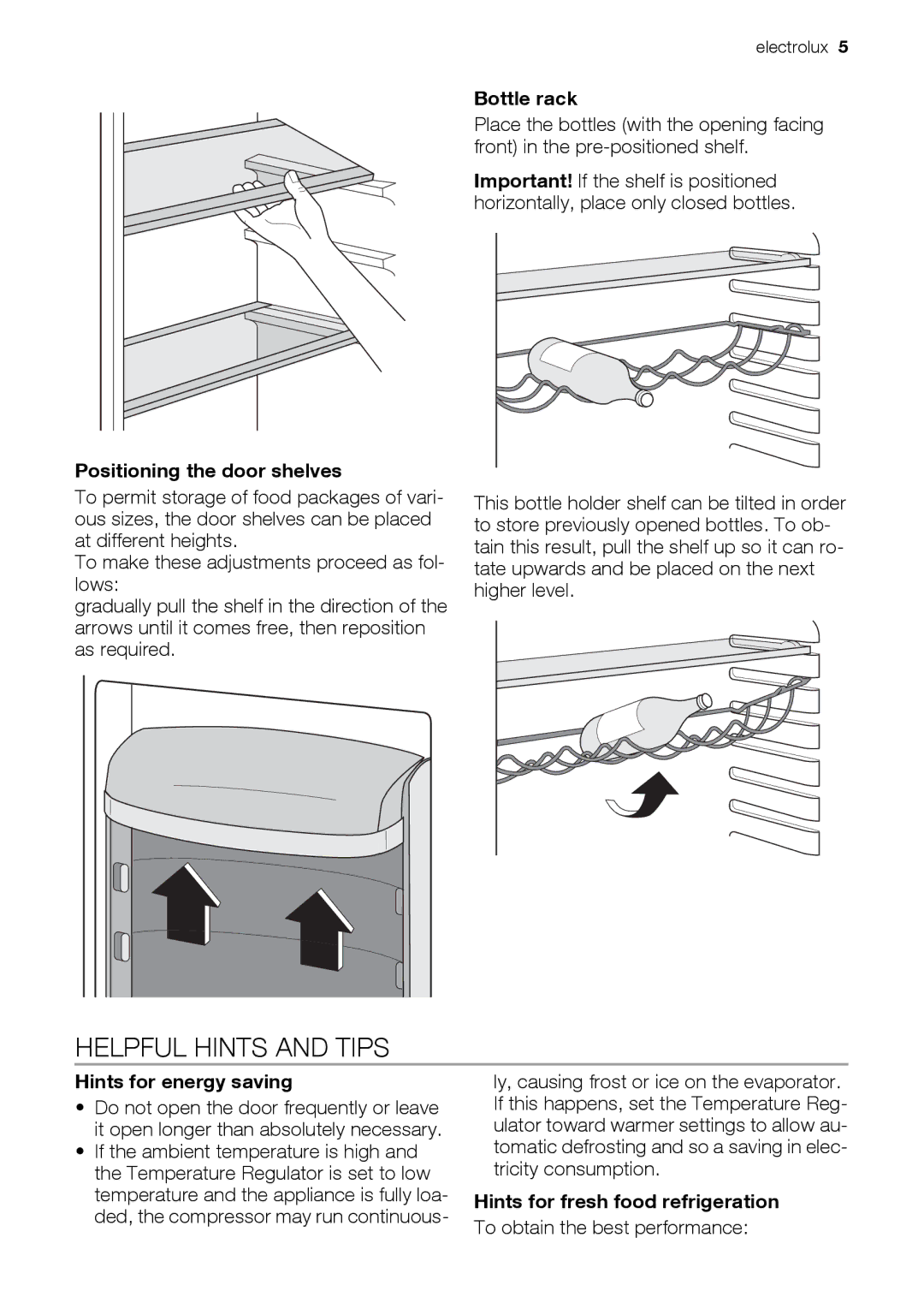 Electrolux ERC39350W user manual Helpful Hints and Tips, Positioning the door shelves, Bottle rack, Hints for energy saving 