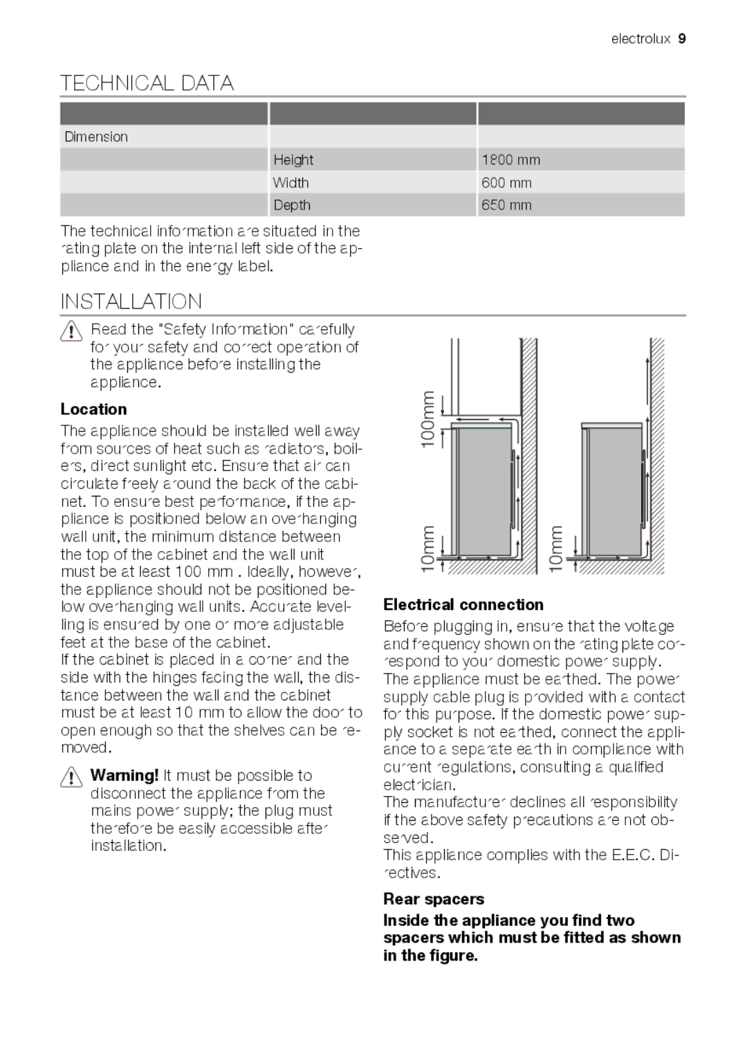 Electrolux ERC39350W user manual Technical Data, Installation, Location, Electrical connection 