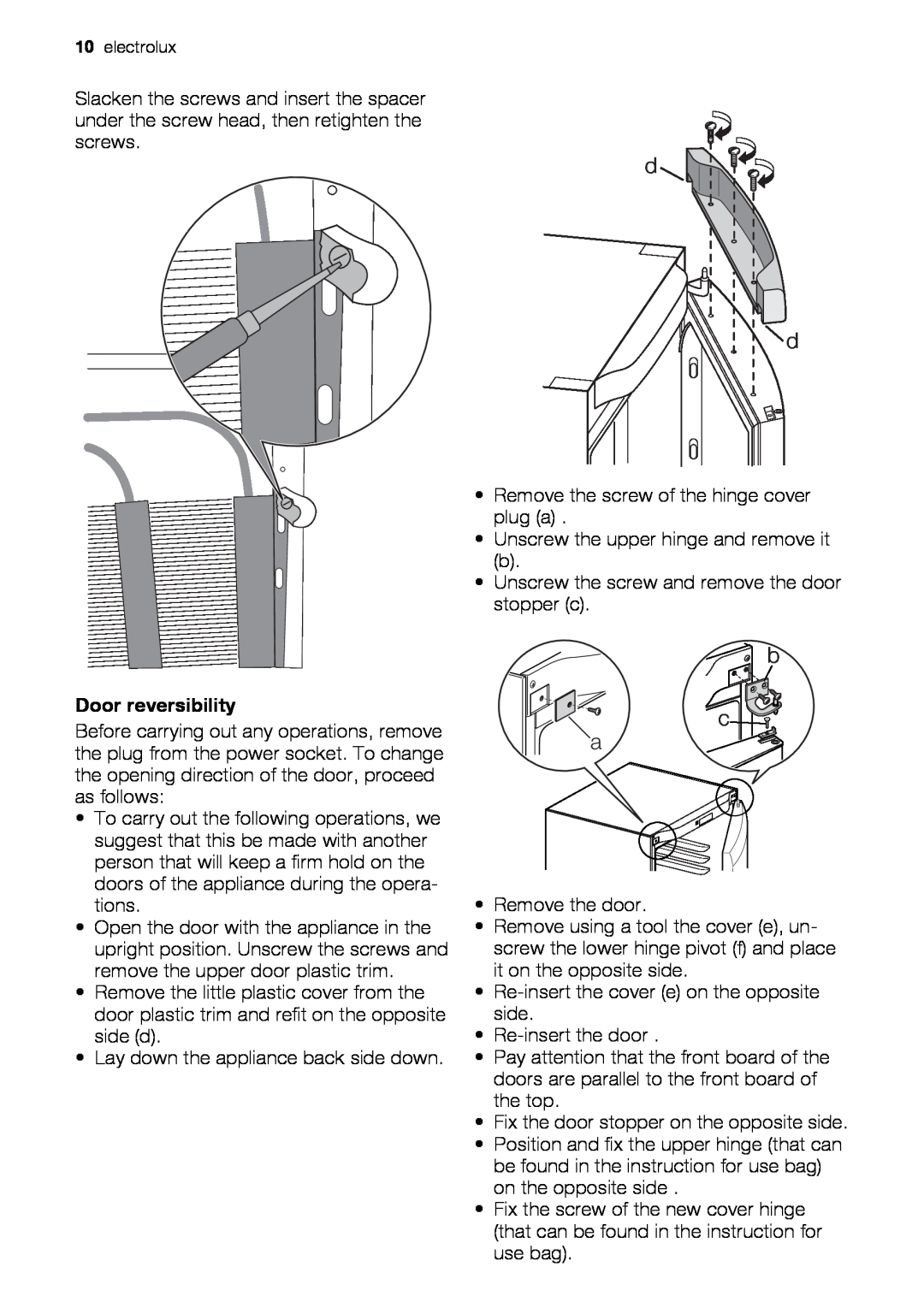 Electrolux ERC39350W user manual b c a, Door reversibility 