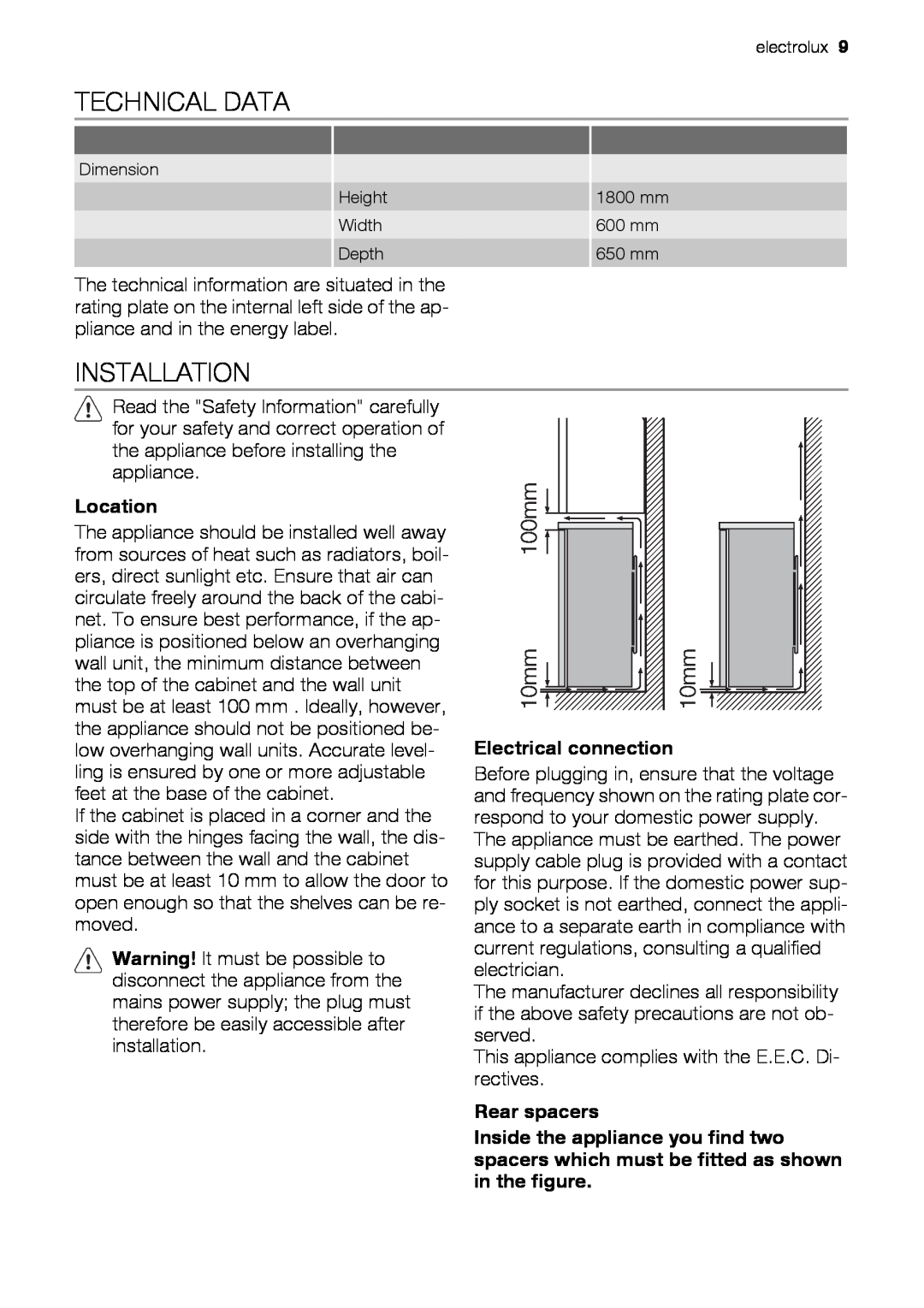 Electrolux ERC39350W user manual Technical Data, Installation, 100mm, 10mm, Location, Electrical connection, Rear spacers 
