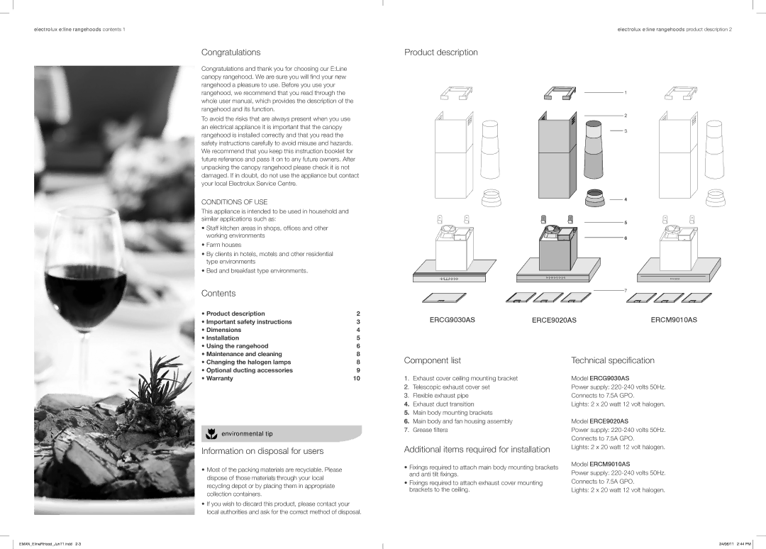 Electrolux ERCG9030AS Congratulations, Contents, Product description, Information on disposal for users, Component list 