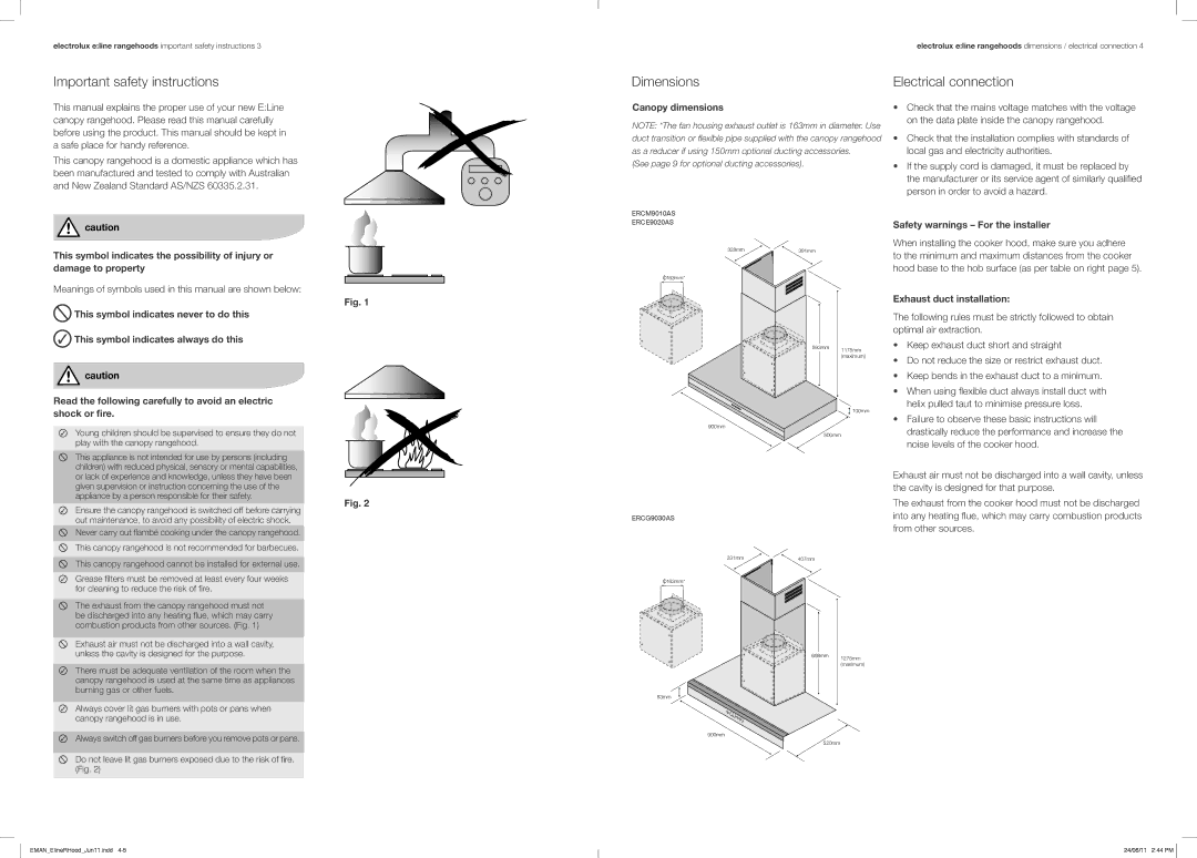 Electrolux ERCE9020AS Important safety instructions, Dimensions, Canopy dimensions, Safety warnings For the installer 