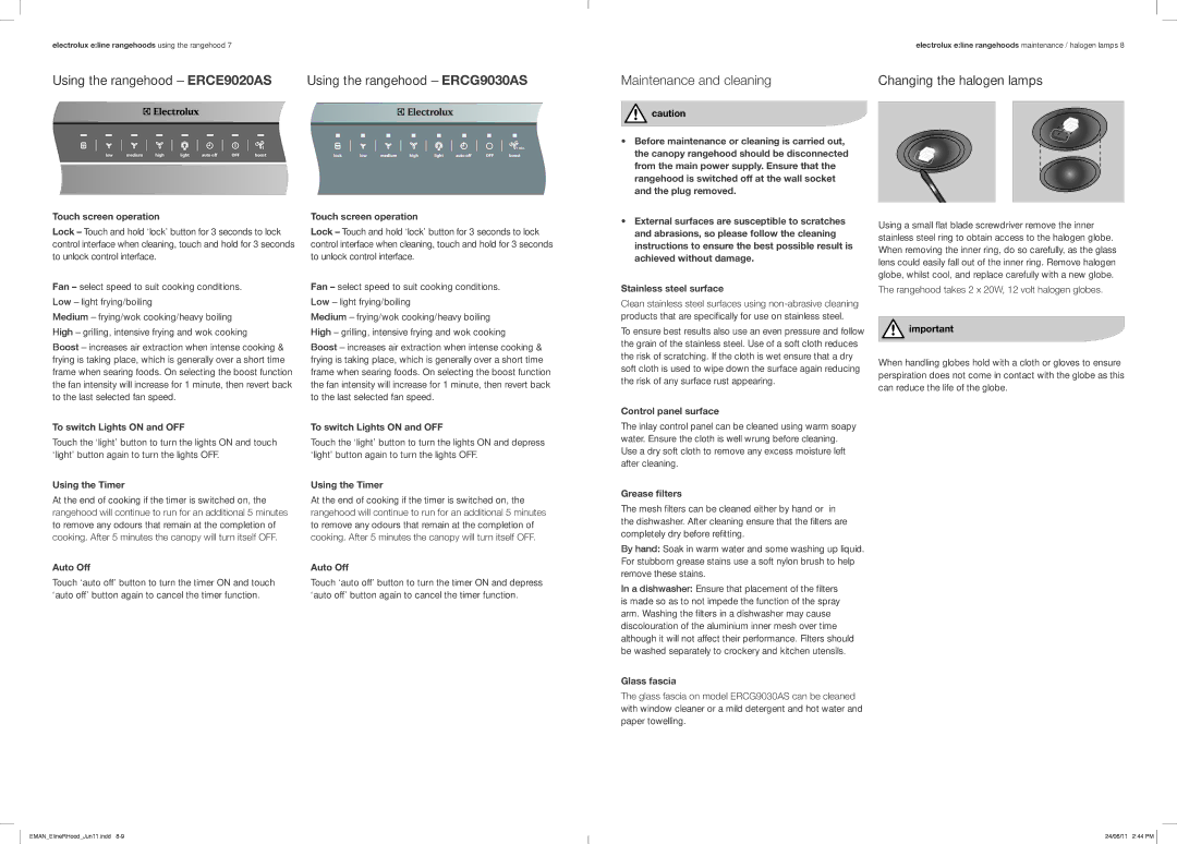 Electrolux ERCG9030AS, ERCE9020AS, ERCM9010AS user manual Maintenance and cleaning, Changing the halogen lamps 