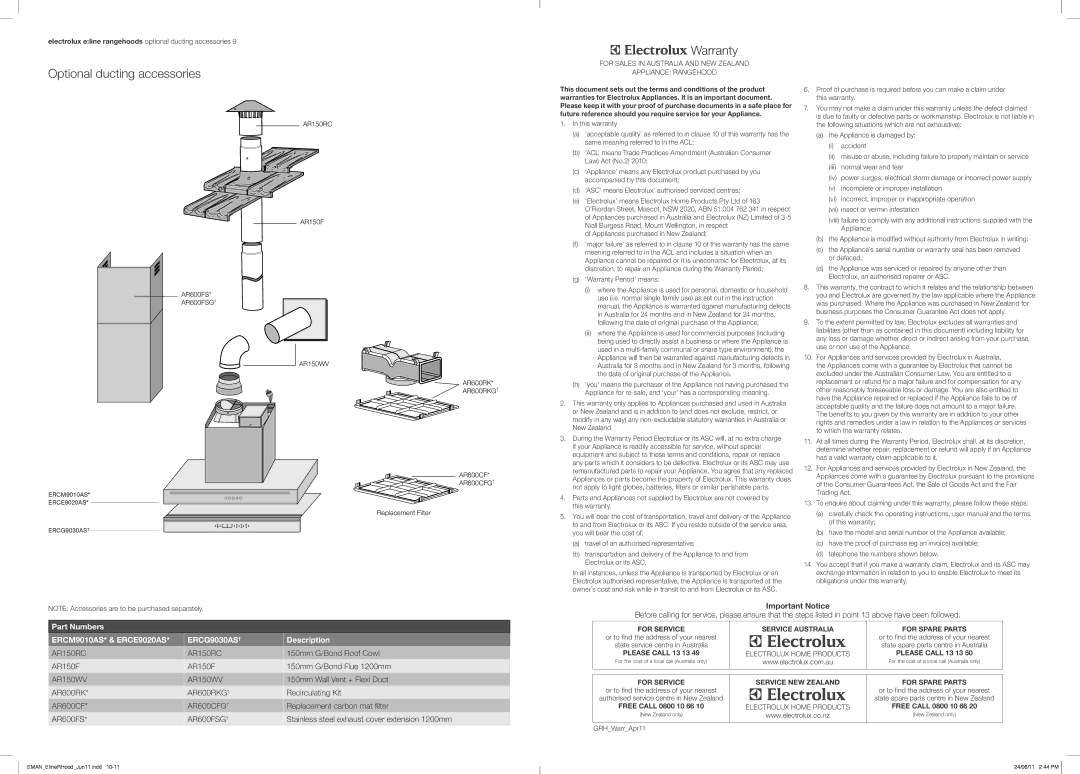 Electrolux ERCE9020AS, ERCM9010AS, ERCG9030AS Optional ducting accessories Warranty, AR150F, AR600RK AR600CF AR600FS 