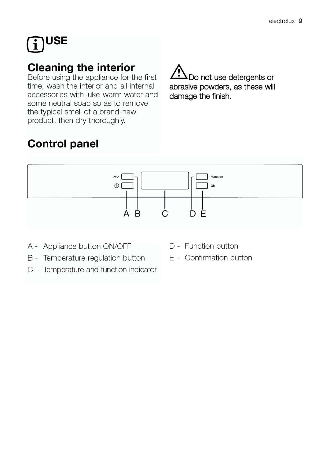 Electrolux ERE 39392 X manual Cleaning the interior, Control panel 