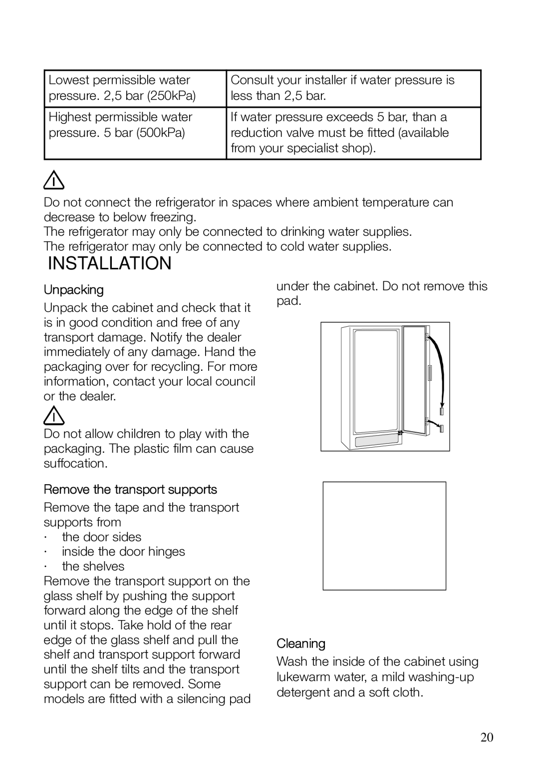 Electrolux ERES31800 manual Installation, Unpacking, Remove the transport supports, Cleaning 