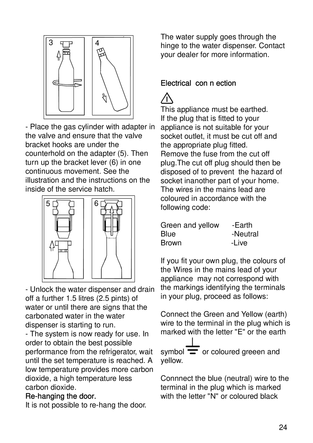 Electrolux ERES31800 manual Re-hanging the door, Electrical con n ection 