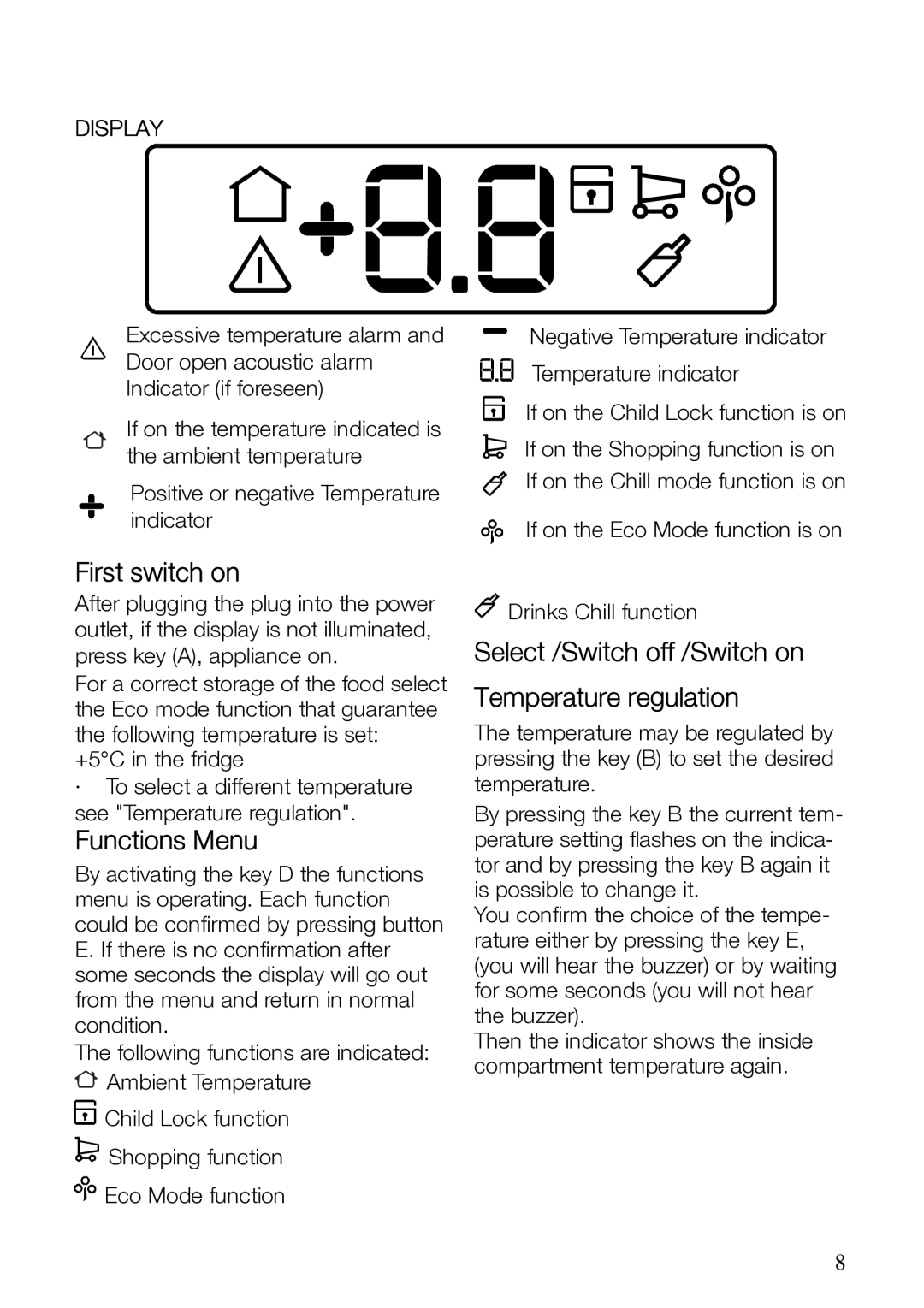 Electrolux ERES31800 manual First switch on, Functions Menu, Select /Switch off /Switch on Temperature regulation 