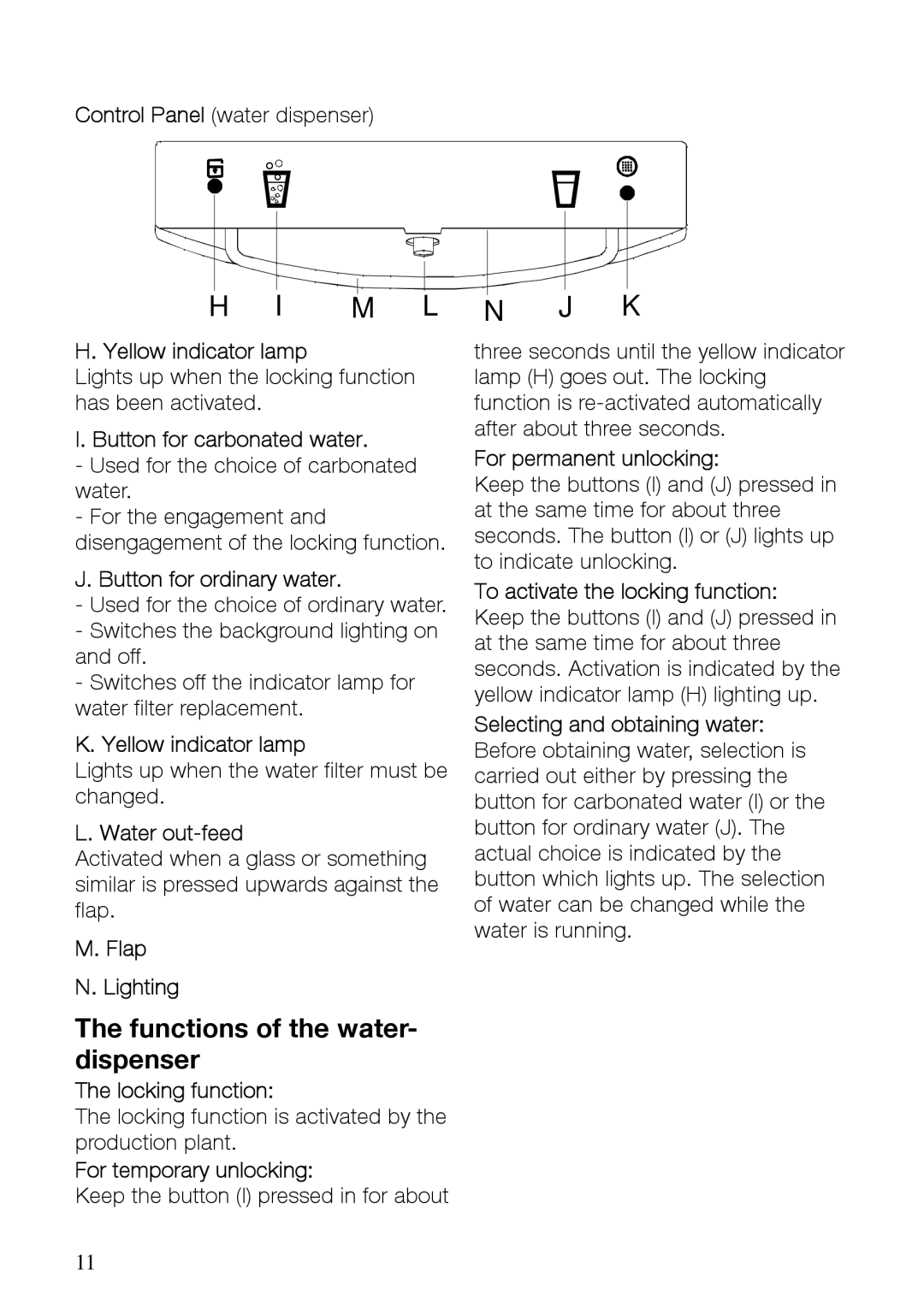 Electrolux ERES31800W, ERES31800X user manual Functions of the water- dispenser 