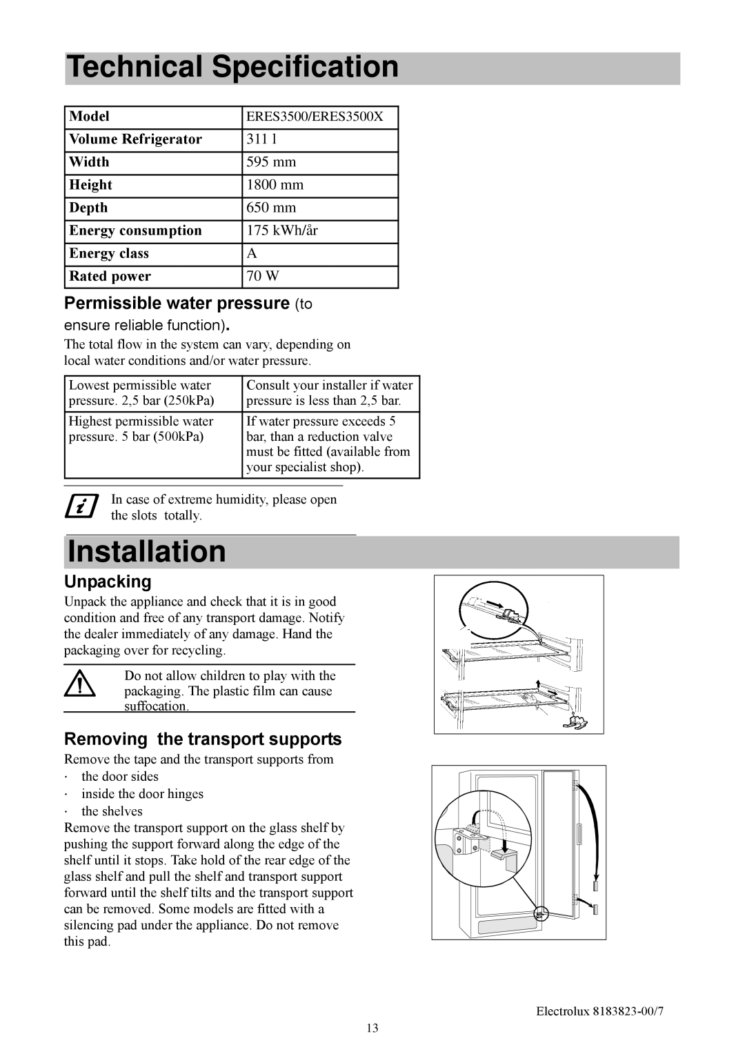 Electrolux manual Technical Specification, Installation, Unpacking, Removing the transport supports, ERES3500/ERES3500X 