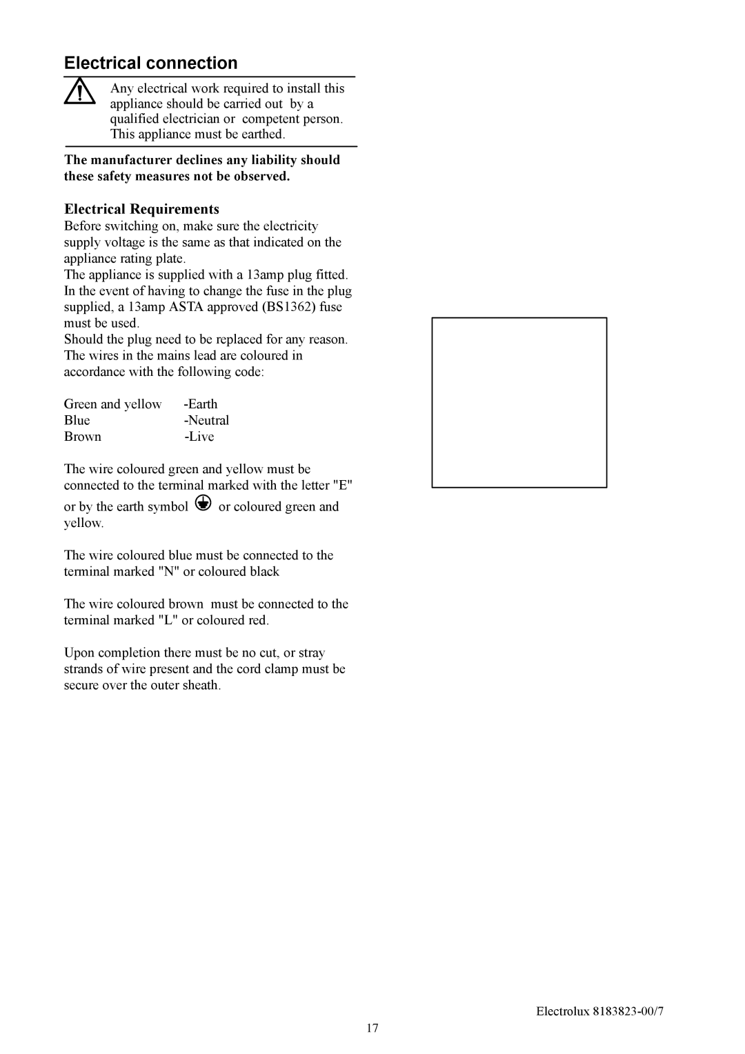 Electrolux ERES3500X manual Electrical connection, Electrical Requirements 