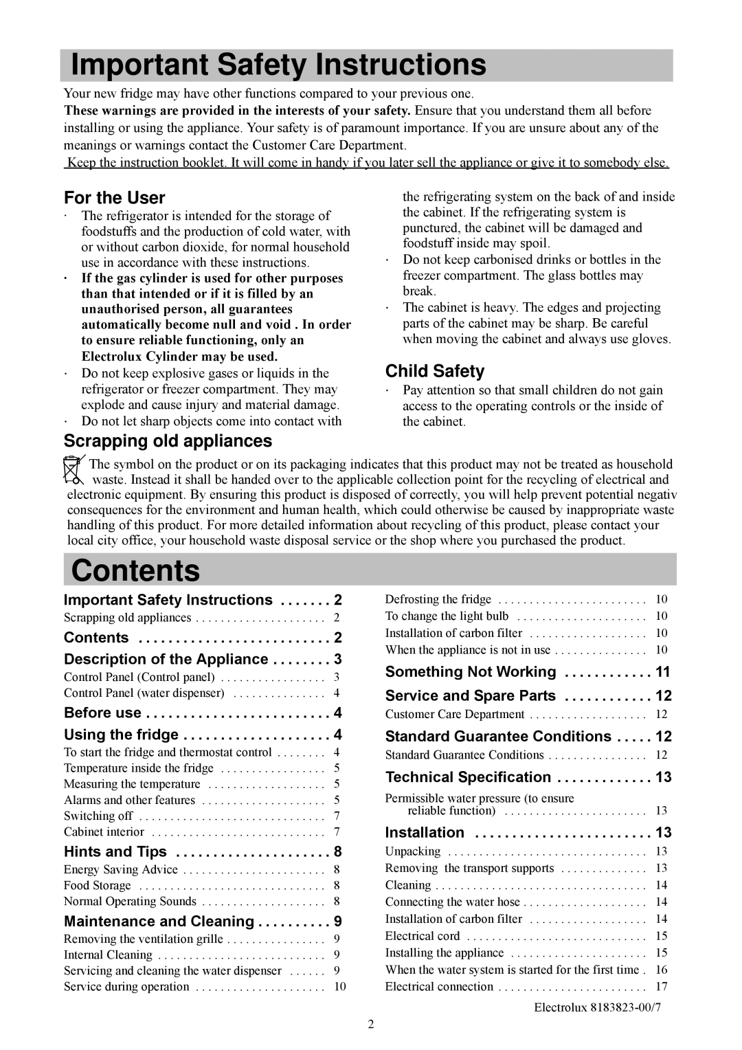 Electrolux ERES3500X manual Important Safety Instructions, Contents 