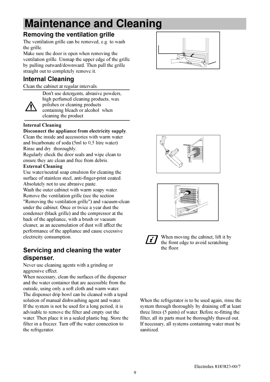 Electrolux ERES3500 manual Maintenance and Cleaning, Removing the ventilation grille, Internal Cleaning, External Cleaning 