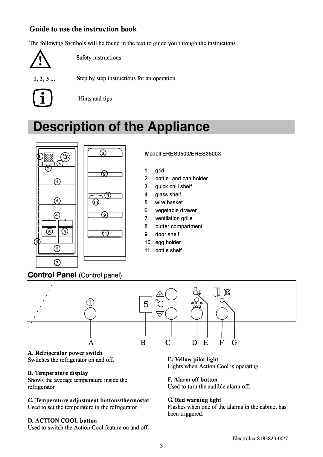 Electrolux ERES3500 manual Description of the Appliance, Control Panel Control panel, Guide to use the instruction book 