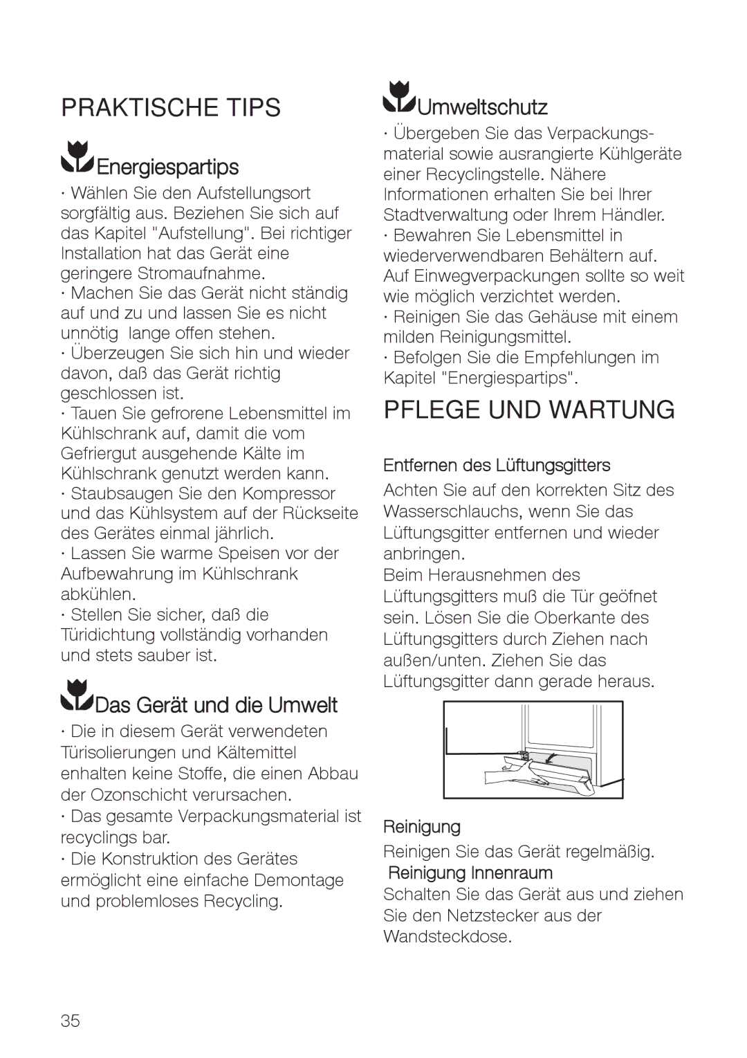 Electrolux ERES35800 Praktische Tips, Pflege UND Wartung, Energiespartips, Das Gerät und die Umwelt, Umweltschutz 