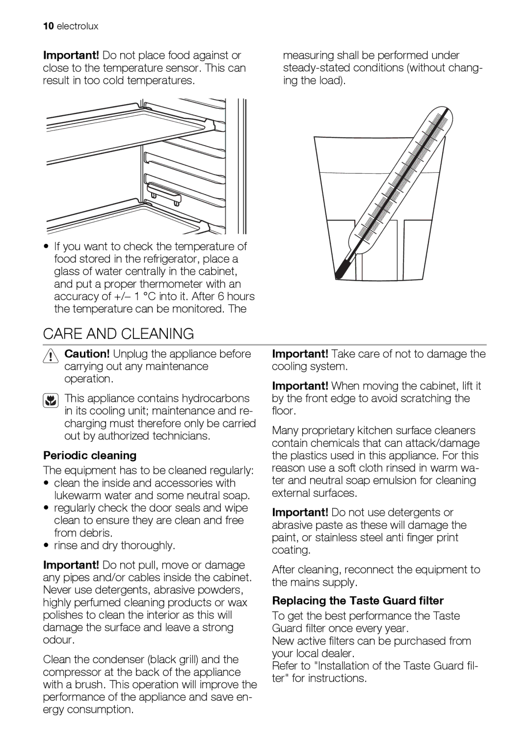 Electrolux ERES38820X user manual Care and Cleaning, Periodic cleaning, Replacing the Taste Guard filter 