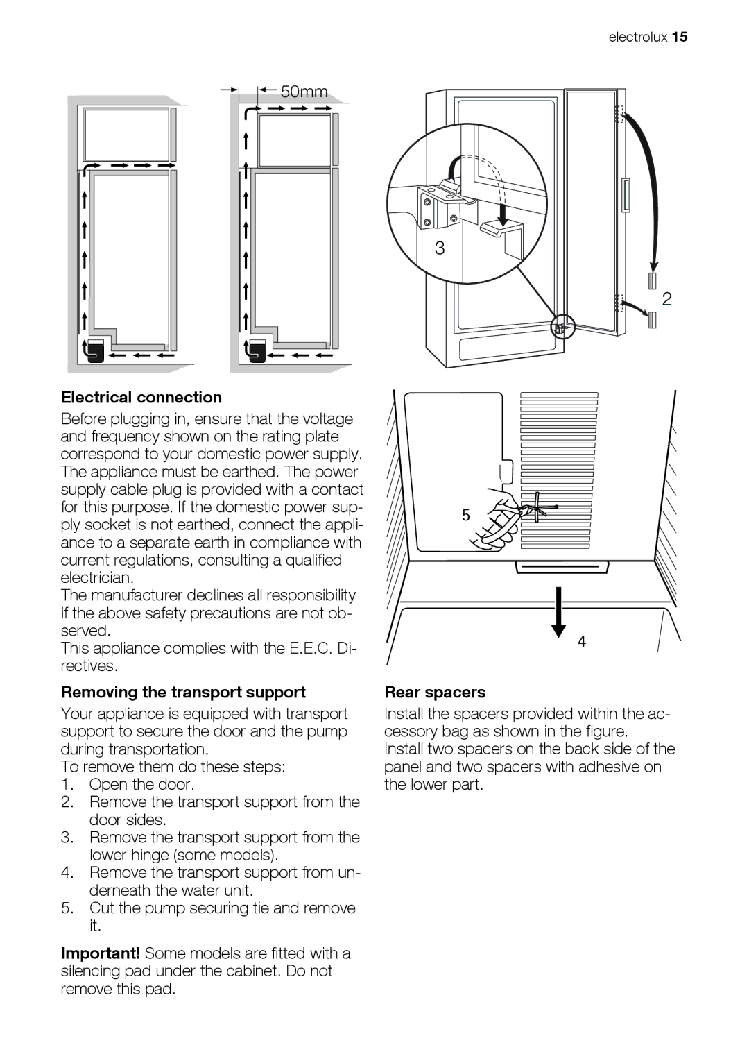 Electrolux ERES38820X user manual Electrical connection, Removing the transport support, Rear spacers 