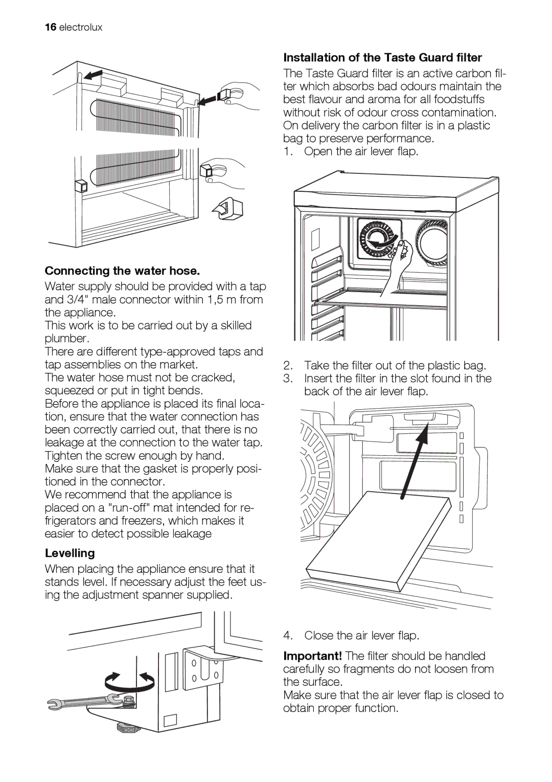 Electrolux ERES38820X user manual Installation of the Taste Guard filter, Connecting the water hose, Levelling 