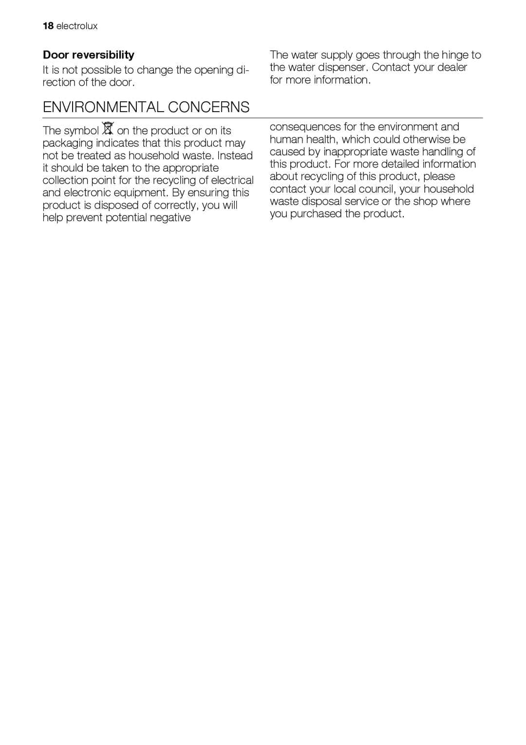 Electrolux ERES38820X user manual Environmental Concerns, Door reversibility 