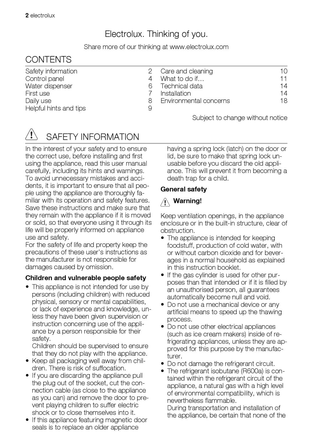 Electrolux ERES38820X user manual Contents, Safety Information 