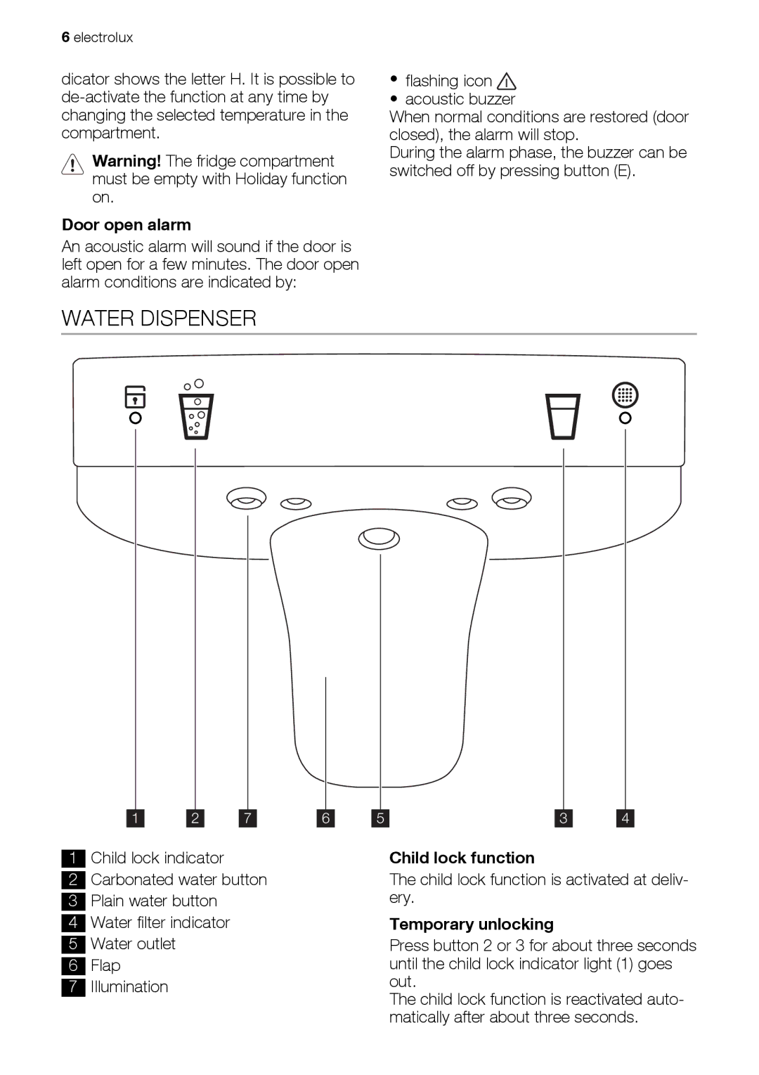 Electrolux ERES38820X user manual Water Dispenser, Door open alarm, Temporary unlocking 