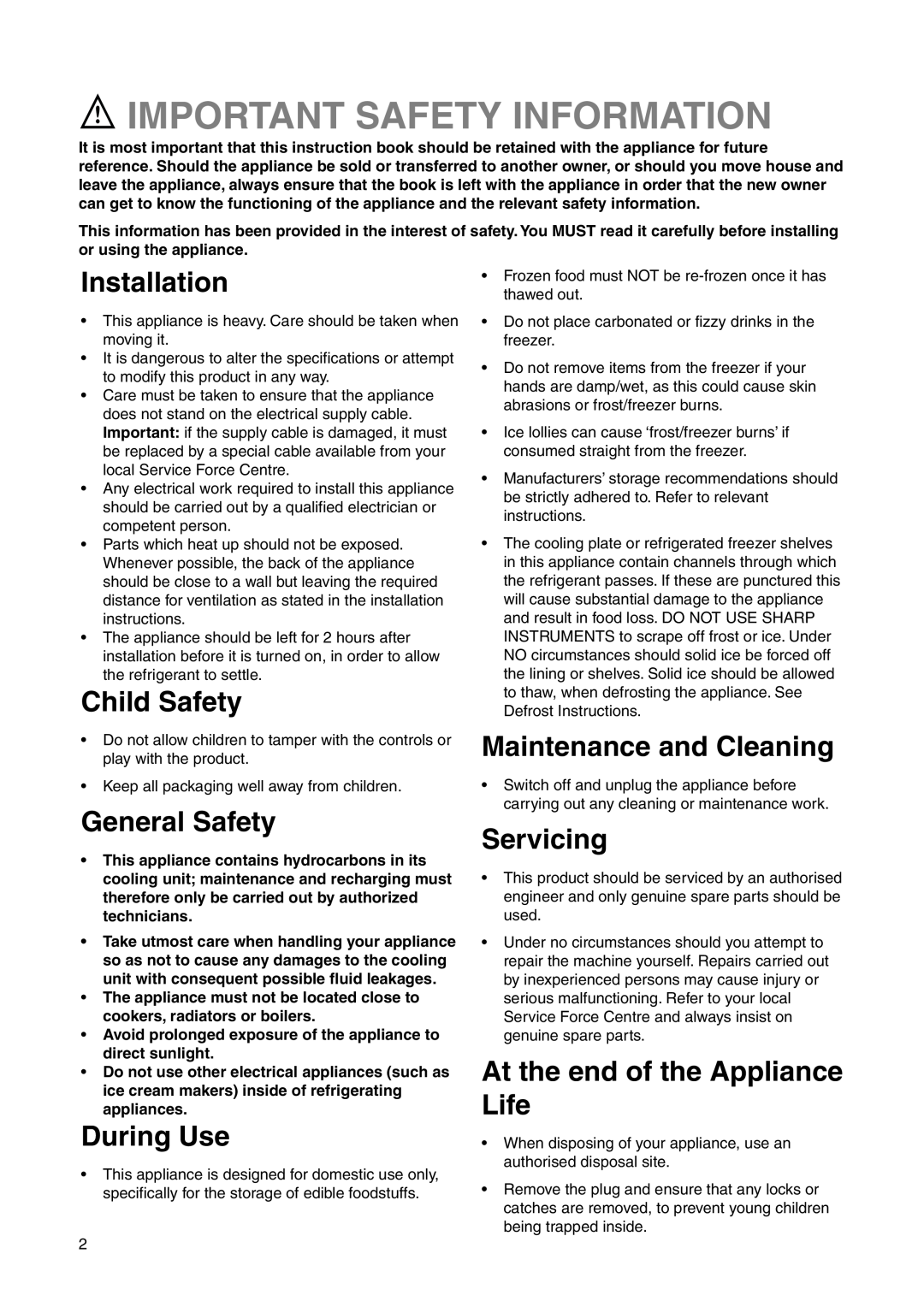 Electrolux ERF 2831 manual Important Safety Information, Installation, Child Safety, General Safety, During Use, Servicing 