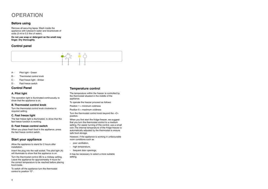 Electrolux ERF 2832 manual Operation, Before using, Control panel, Temperature control, Start your appliance 