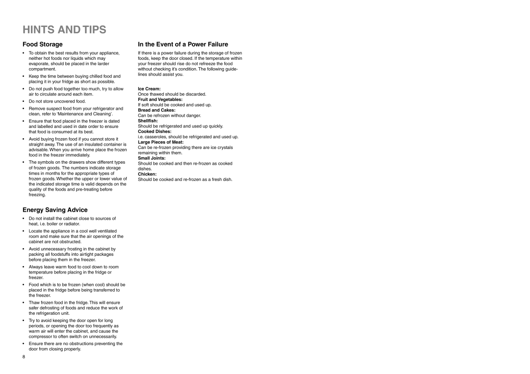 Electrolux ERF 2832 manual Hints and Tips, Food Storage, Energy Saving Advice, Event of a Power Failure 