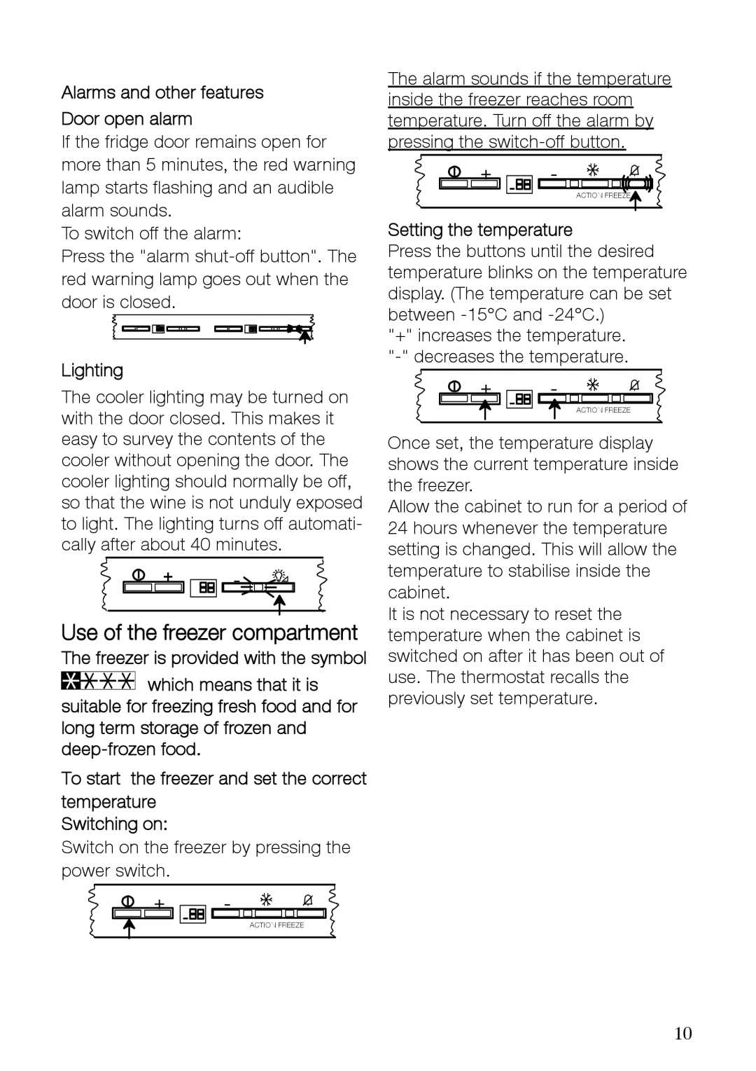 Electrolux ERF37800WX Use of the freezer compartment, Alarms and other features Door open alarm, Setting the temperature 