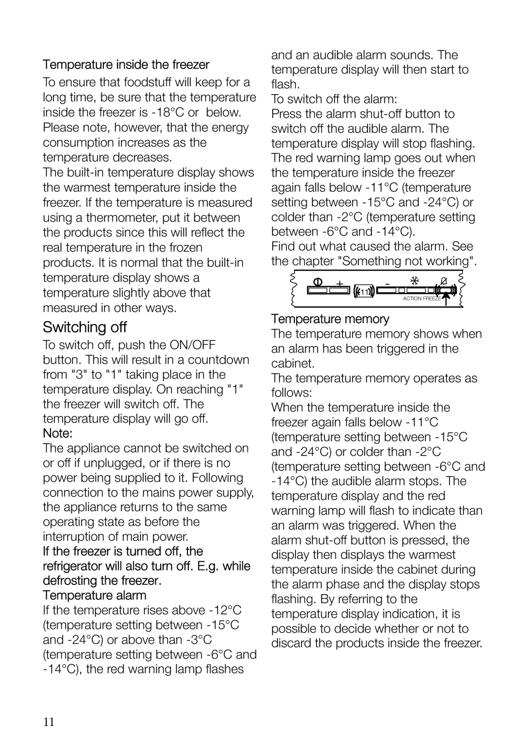 Electrolux ERF37800WX user manual Switching off, Temperature inside the freezer, Temperature memory 