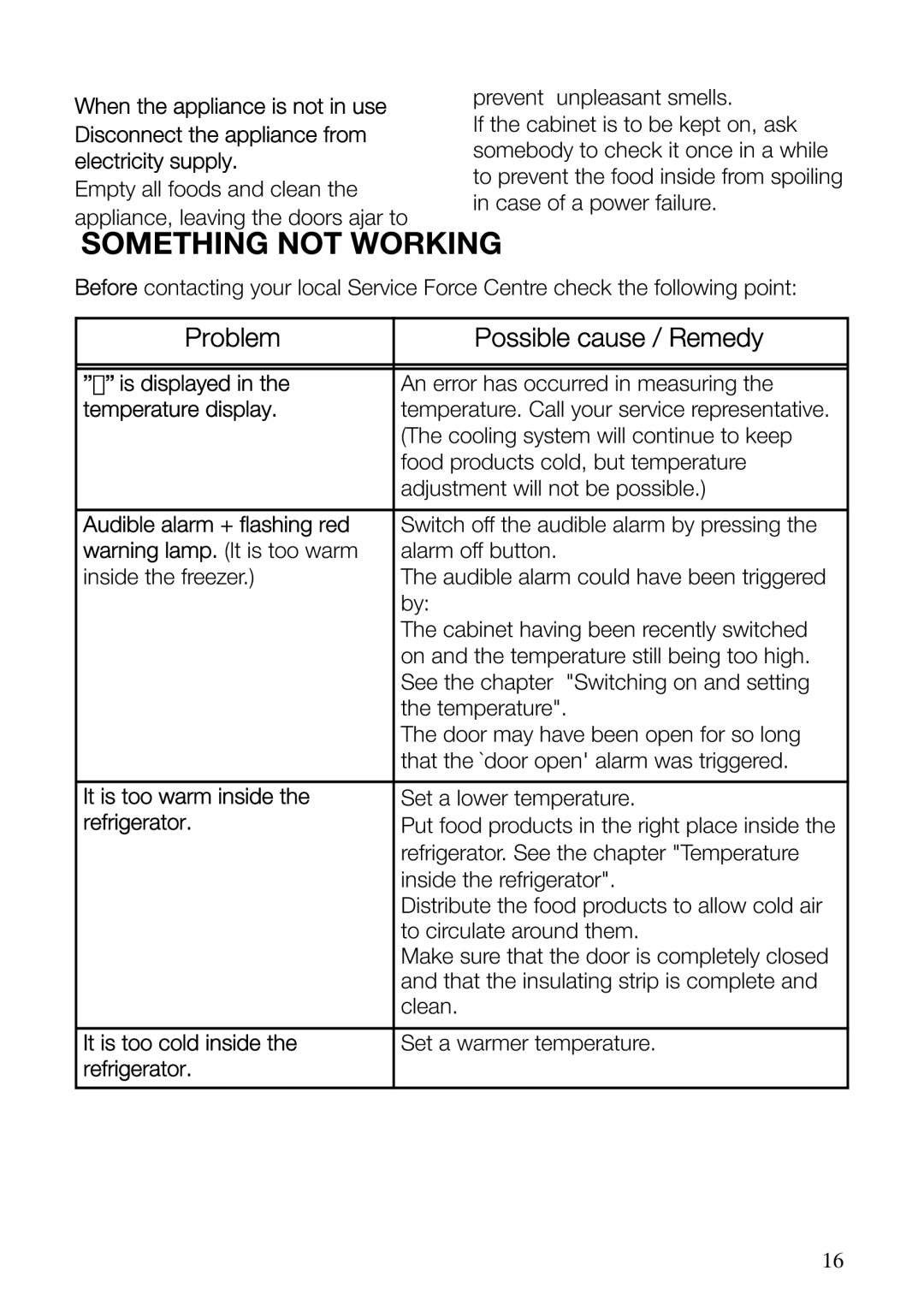 Electrolux ERF37800WX user manual Problem Possible cause / Remedy 