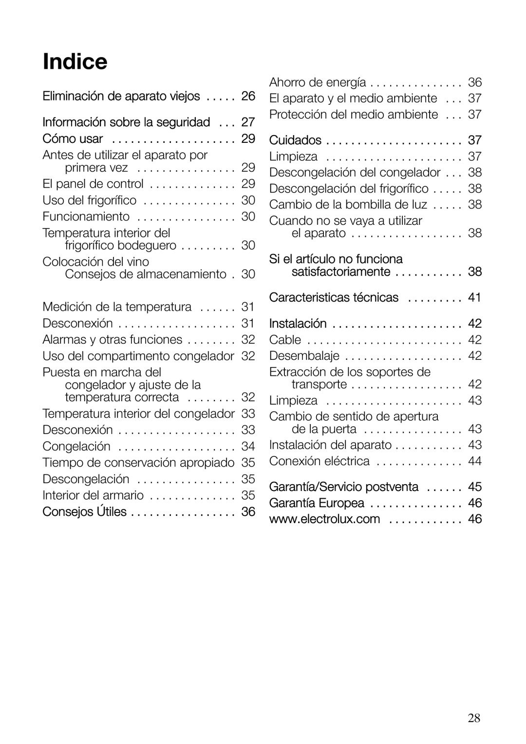 Electrolux ERF37800WX user manual Indice, Cuidados 