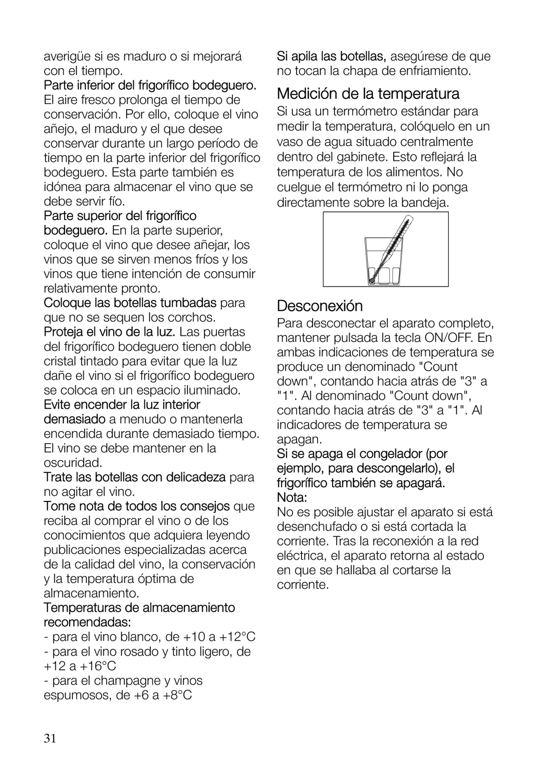 Electrolux ERF37800WX user manual Medición de la temperatura, Desconexión 