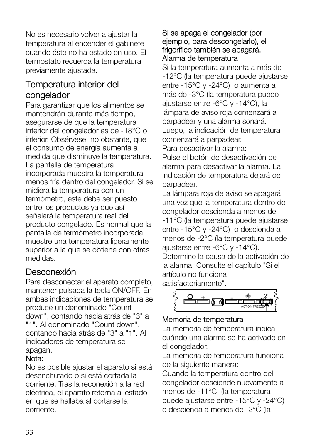 Electrolux ERF37800WX user manual Temperatura interior del congelador, Nota, Memoria de temperatura 