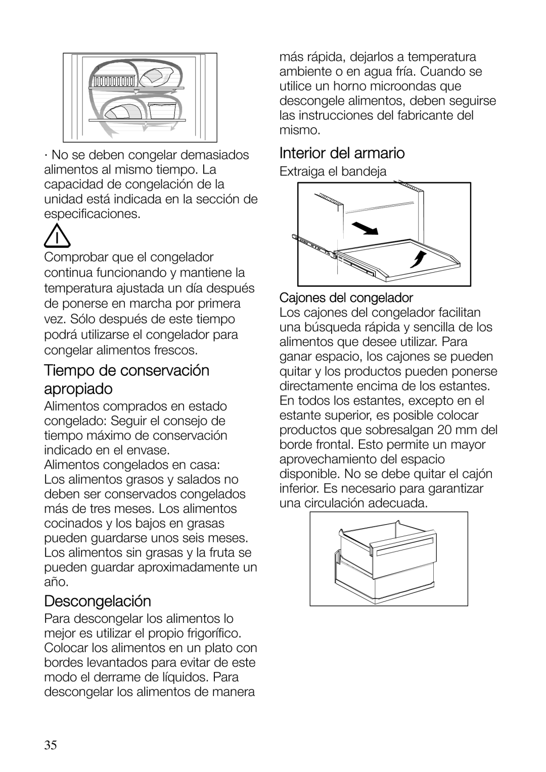 Electrolux ERF37800WX user manual Descongelación, Interior del armario, Cajones del congelador 