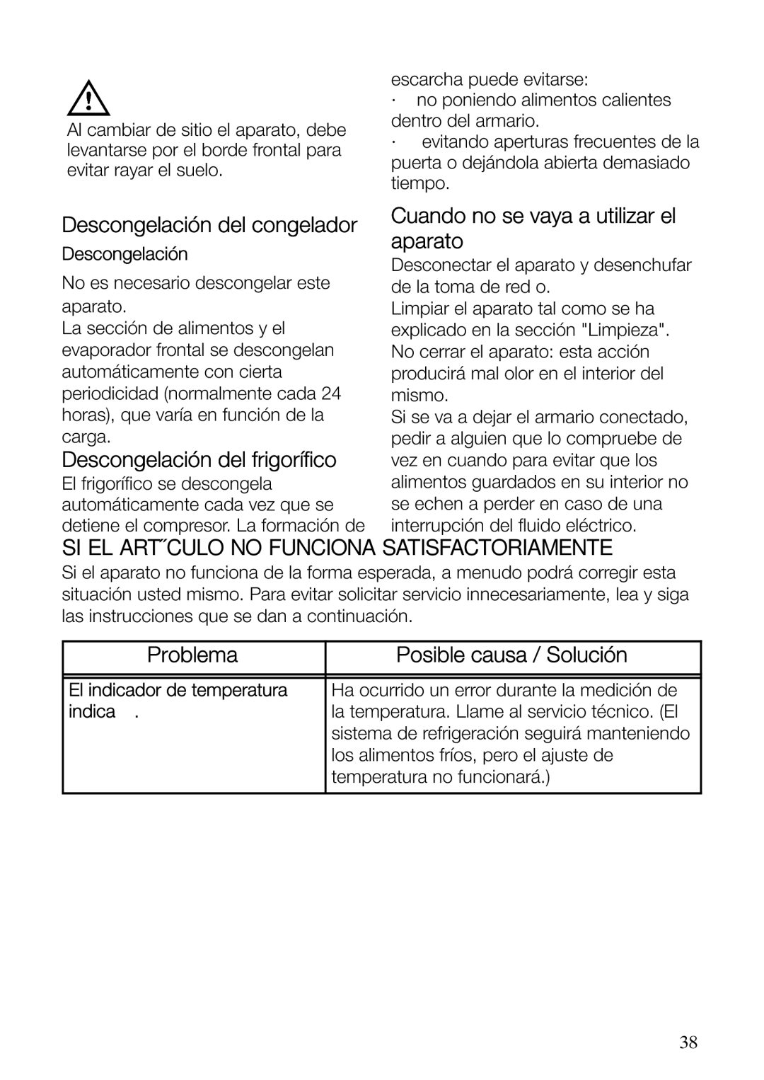 Electrolux ERF37800WX Descongelación del congelador, Descongelación del frigorífico, Problema Posible causa / Solución 