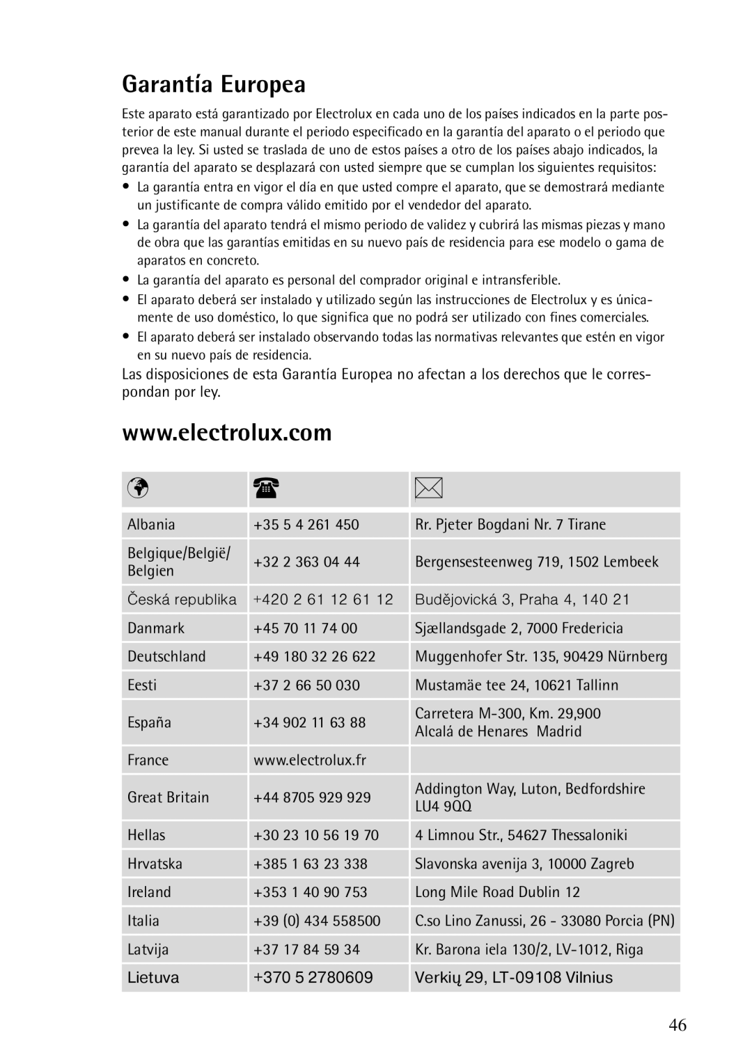 Electrolux ERF37800WX user manual Garantía Europea 