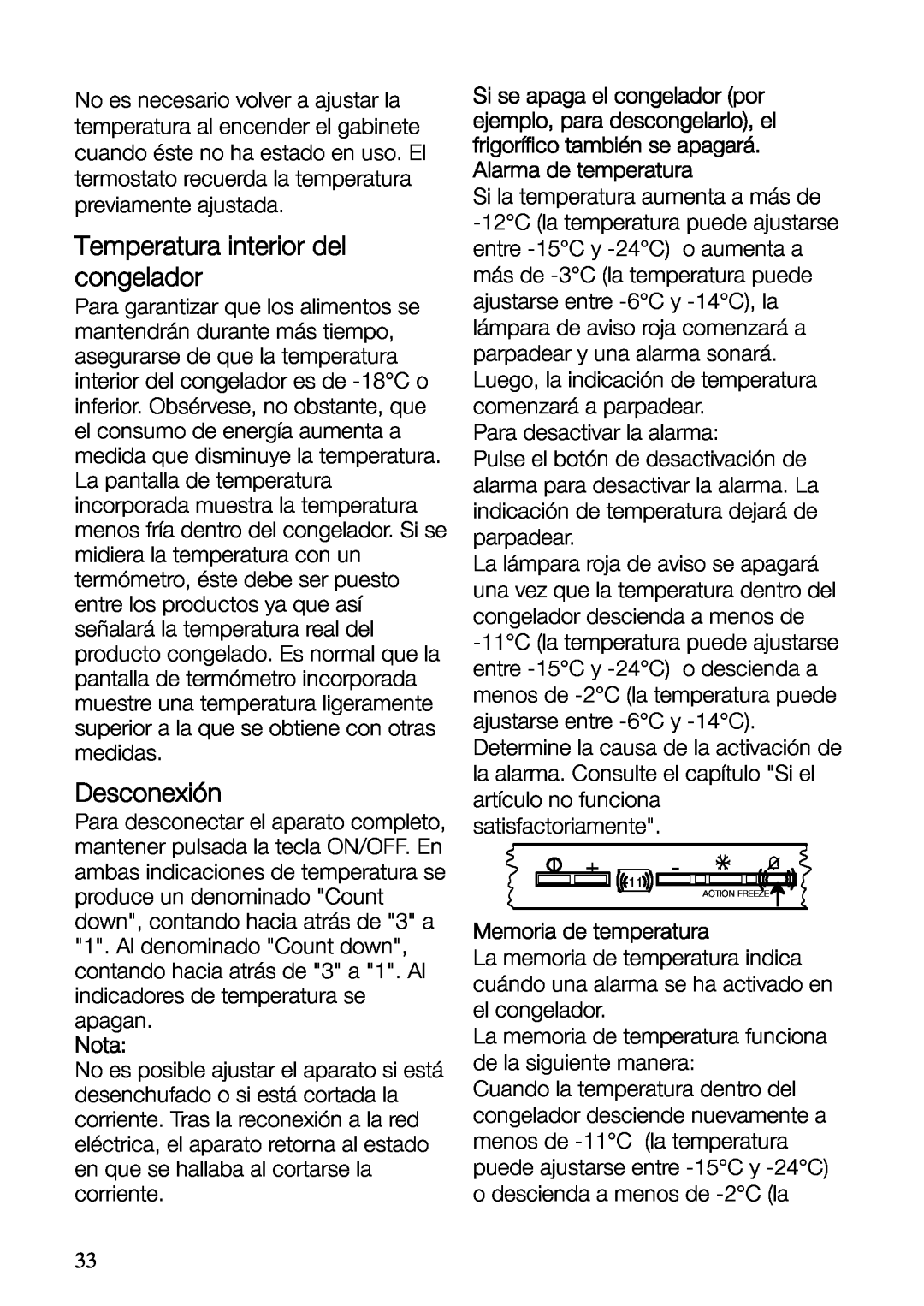 Electrolux ERF37800WX user manual Temperatura interior del congelador, Nota, Memoria de temperatura, Desconexión 