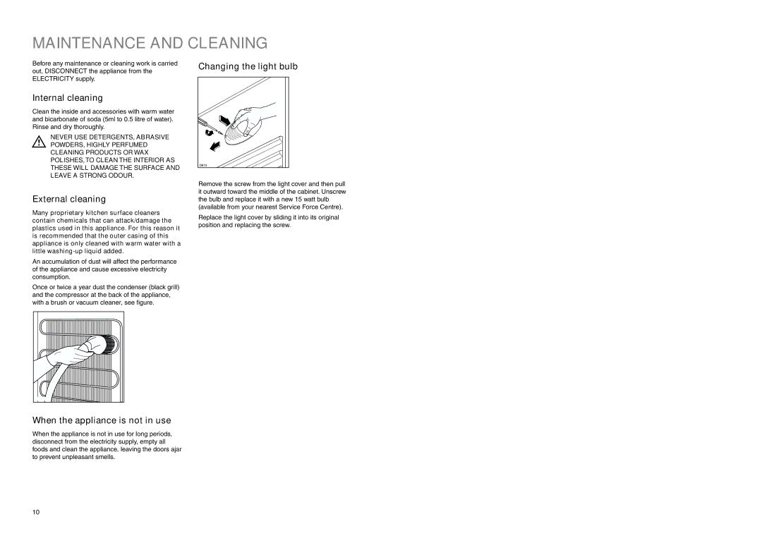 Electrolux ERH 3620 X manual Maintenance and Cleaning, Internal cleaning, External cleaning, Changing the light bulb 