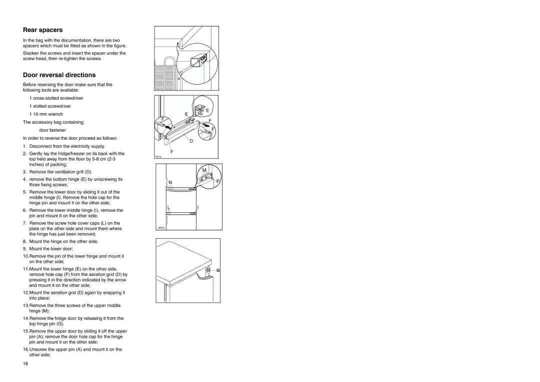 Electrolux ERH 3620 X manual Rear spacers, Door reversal directions 