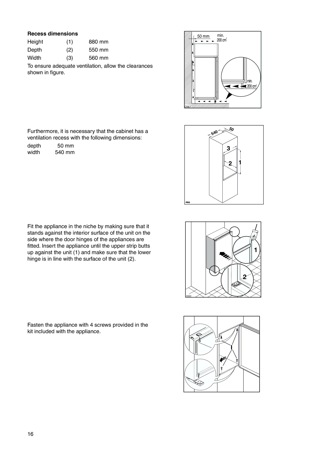 Electrolux ERN 15300 manual Recess dimensions 